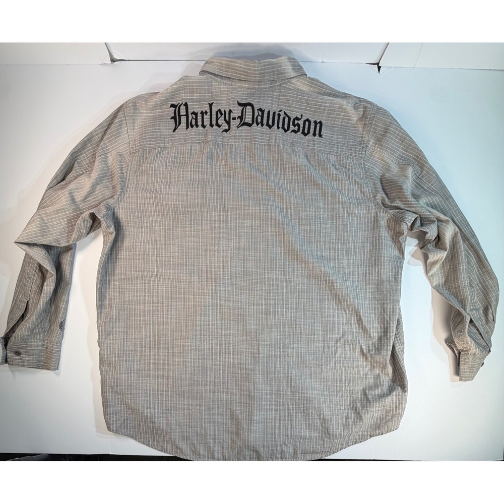 Harley-Davidson Mens 3XL Grey Striped Willie G Skull Button Up Shirt Long Sleeve